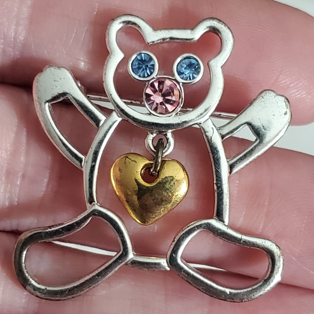 Vintage Lia Silver Gold Teddy Bear Brooch Heart Crystal